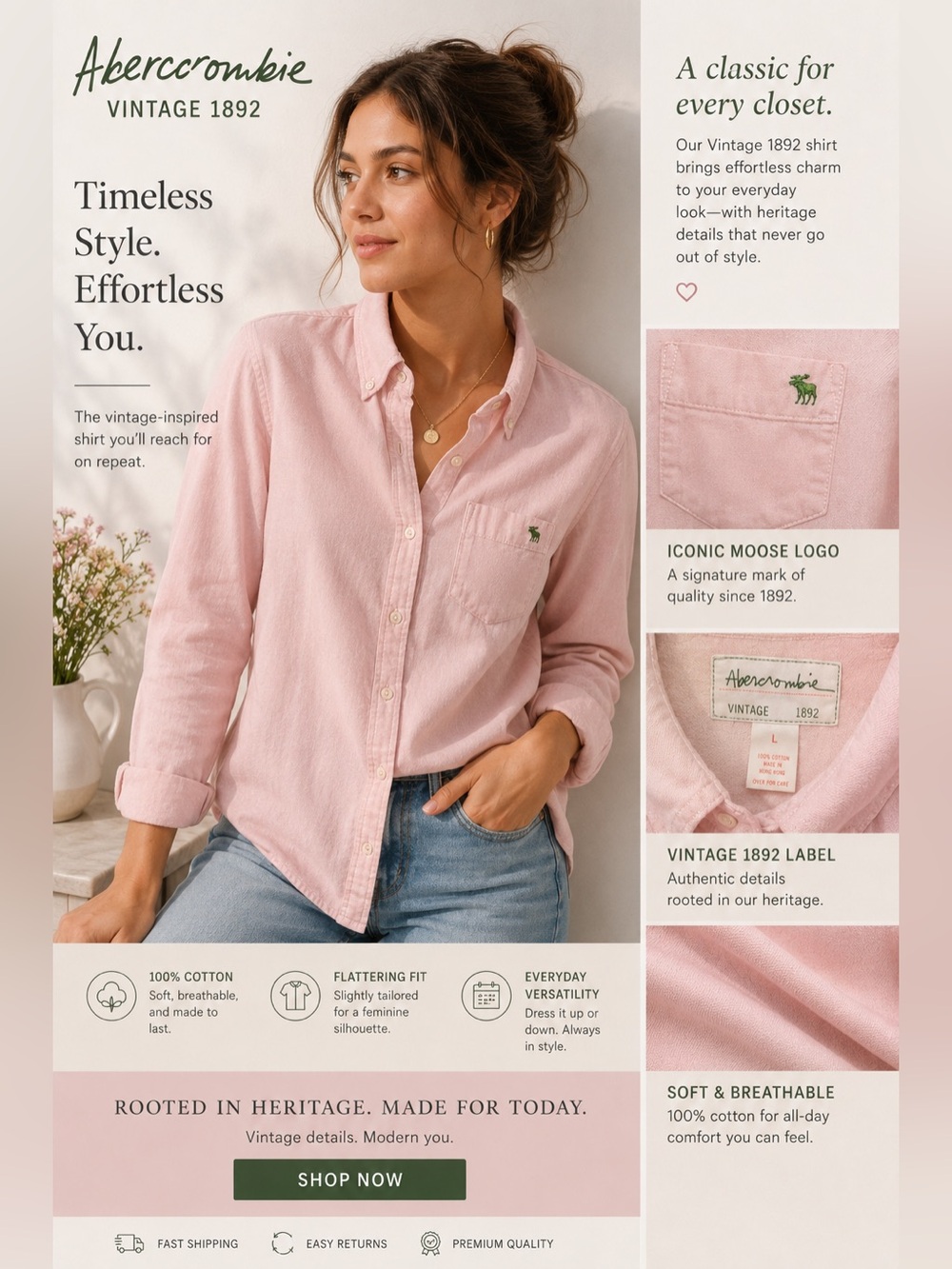 Abercrombie Vintage 1892 Pink Button-Up Shirt size Large